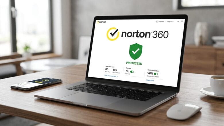 A laptop on a desk displays the Norton 360 protection screen; a smartphone shows a similar Norton app screen.