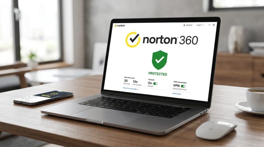 A laptop on a desk displays the Norton 360 protection screen; a smartphone shows a similar Norton app screen.