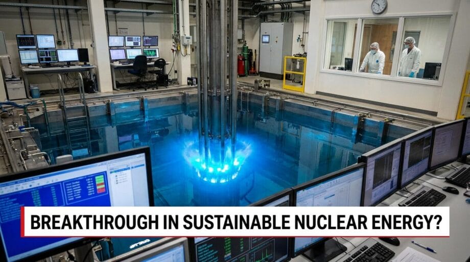 Engineers observe a glowing nuclear reactor pool surrounded by control monitors in a lab; headline asks about nuclear energy breakthrough.