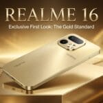 A gold Realme 16 smartphone is displayed on a gold platform with the text REALME 16 Exclusive First Look: The Gold Standard above.