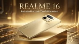 A gold Realme 16 smartphone is displayed on a gold platform with the text REALME 16 Exclusive First Look: The Gold Standard above.