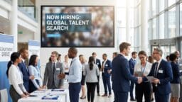 Professionals networking and conversing at a recruitment event, with a Now Hiring: Global Talent Search sign in the background.