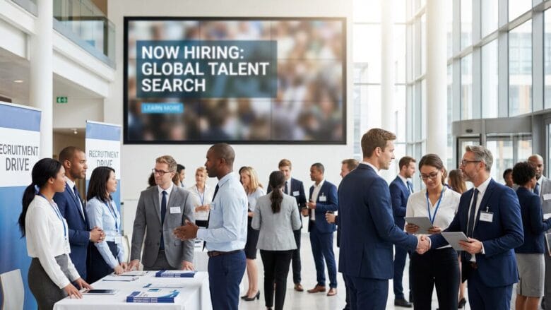Professionals networking and conversing at a recruitment event, with a Now Hiring: Global Talent Search sign in the background.