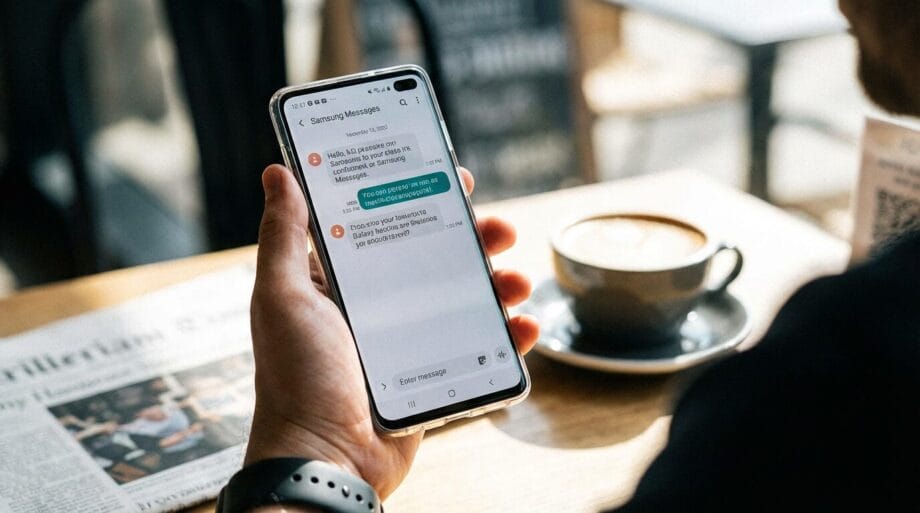 Person holding a smartphone displaying a text conversation, with a cup of coffee and a newspaper on the table in the background.