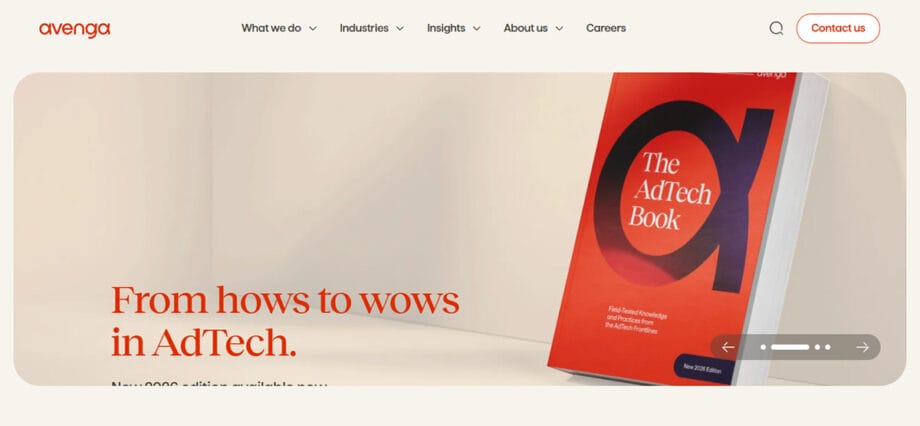 A book titled The AdTech Book stands upright on a white surface next to red text reading From hows to wows in AdTech.