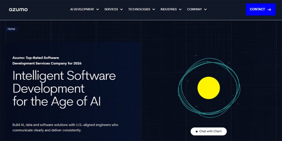 Azumo website homepage featuring a headline about AI software development and a graphic of a yellow circle with blue circular lines.