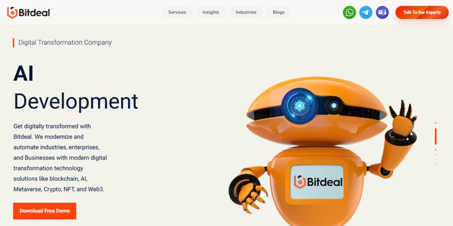 Screenshot of Bitdeal’s website homepage showing an orange robot and text promoting AI development services with a Download Free Demo button.