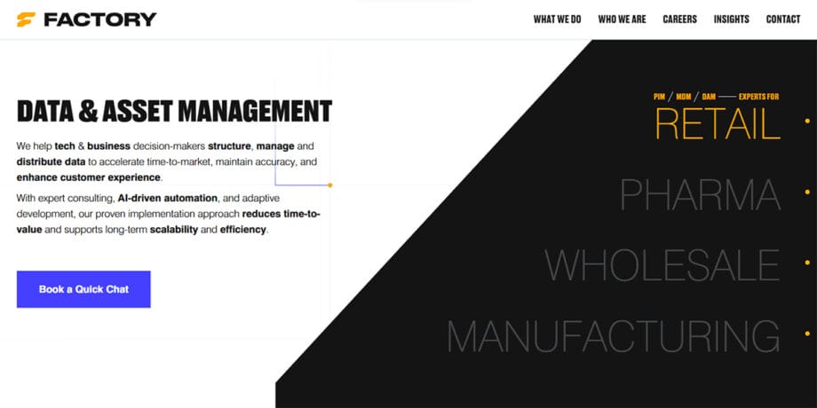 Screenshot of a website section on data and asset management services for retail, pharma, wholesale, and manufacturing industries.