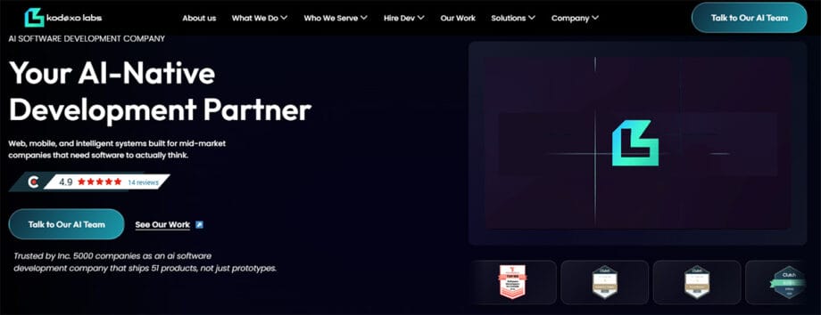 A website homepage for Kodezu Labs advertising AI-native software development services, featuring ratings, badges, and navigation buttons.