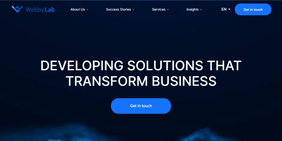 Webpage header for WebbyLab with navigation menu and the text Developing solutions that transform business above a blue Get in touch button.