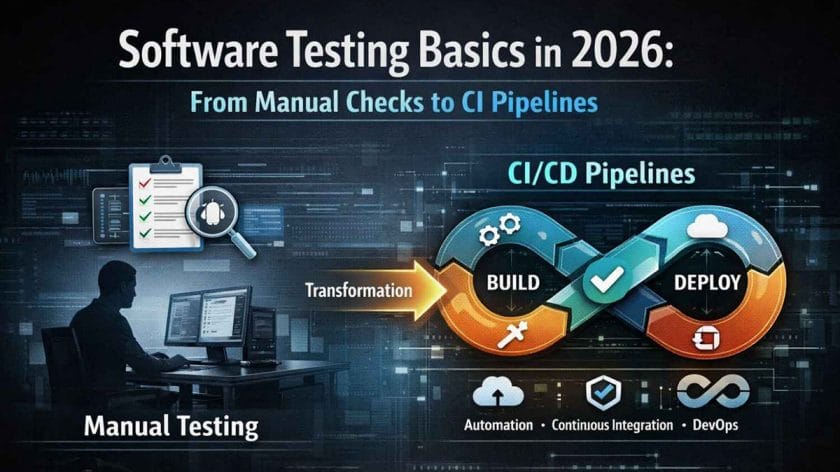 Infographic contrasting manual software testing with automated CI/CD pipelines for build and deploy processes in 2026.