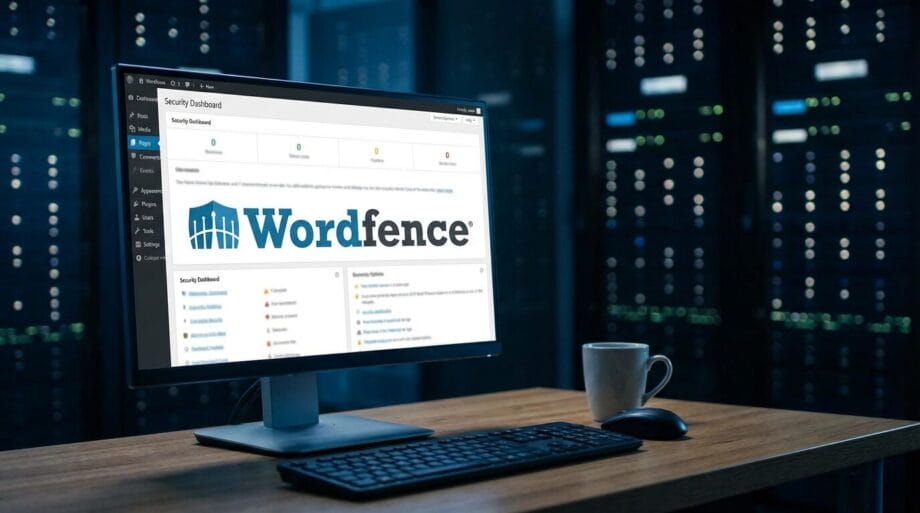 A computer monitor displaying the Wordfence security dashboard sits on a desk in a server room, with a keyboard and coffee cup nearby.