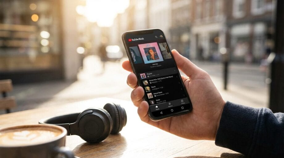 Person holding a smartphone showing a music streaming app, with headphones and a coffee cup on a wooden table outdoors.