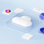 3D cloud icon with abstract shapes, cubes, and discs on a light blue background, suggesting cloud-native architecture technology or digital concepts.