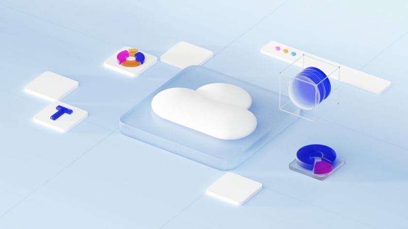 3D cloud icon with abstract shapes, cubes, and discs on a light blue background, suggesting cloud-native architecture technology or digital concepts.