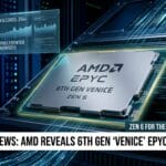 Close-up of AMD EPYC 6th Gen ‘Venice’ processor installed in a server rack, with overlay text announcing its release.