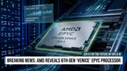 Close-up of AMD EPYC 6th Gen ‘Venice’ processor installed in a server rack, with overlay text announcing its release.