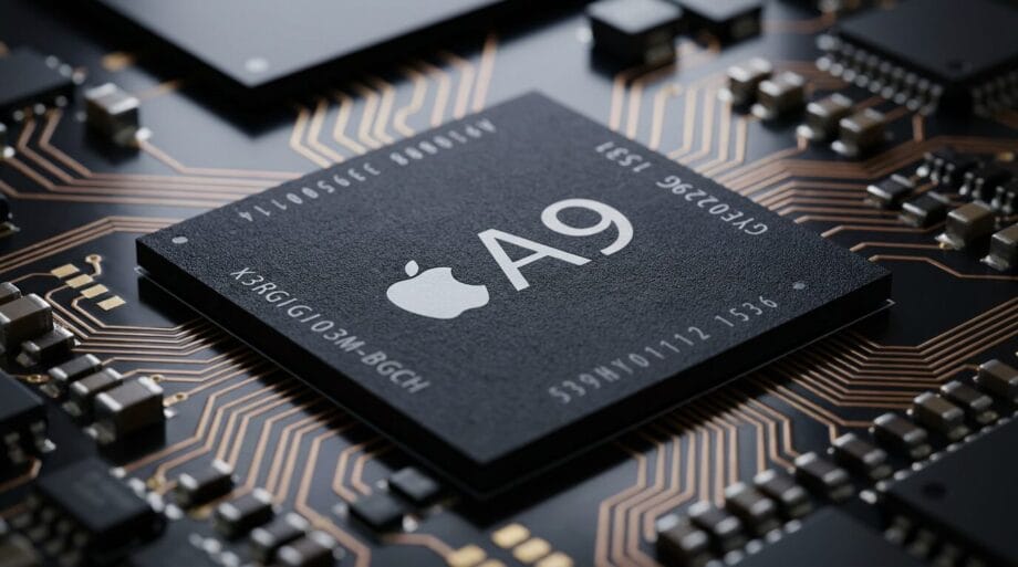 Close-up of an Apple A9 chip on a circuit board, showing detailed electronic components and circuitry around the processor.