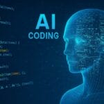 Digital illustration of a human head with code and circuitry, next to the text AI CODING and programming code on the left side.