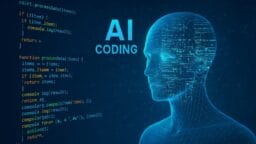 Digital illustration of a human head with code and circuitry, next to the text AI CODING and programming code on the left side.