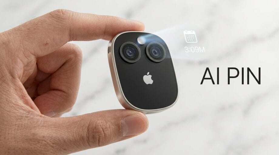 A hand holds a small, sleek device with two camera lenses and an Apple logo; a digital calendar projection appears above it with text AI PIN.