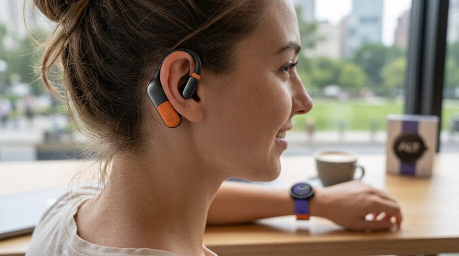 A woman wearing orange and black wireless earbuds sits at a table by a window, with a coffee cup and smartwatch visible.