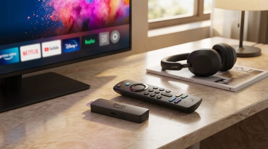 A Fire TV Stick, remote control, and headphones rest on a marble desk next to a smart TV displaying streaming apps.