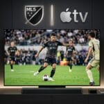 A television displays a soccer match beneath MLS and Apple TV logos, with a streaming device and remote on the shelf below.