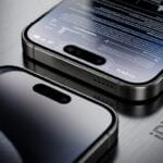 Two iPhone 17 Pro devices on a metallic surface, one showing the screen with data and the other showing the back and camera.