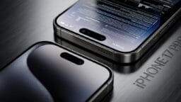 Two iPhone 17 Pro devices on a metallic surface, one showing the screen with data and the other showing the back and camera.
