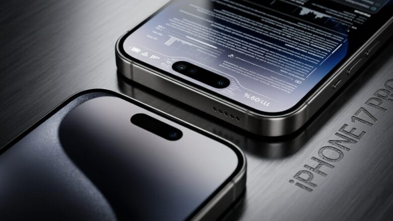 Two iPhone 17 Pro devices on a metallic surface, one showing the screen with data and the other showing the back and camera.