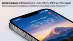Close-up of an iPhone displaying the battery percentage on the lock screen with a red arrow pointing to the battery icon.