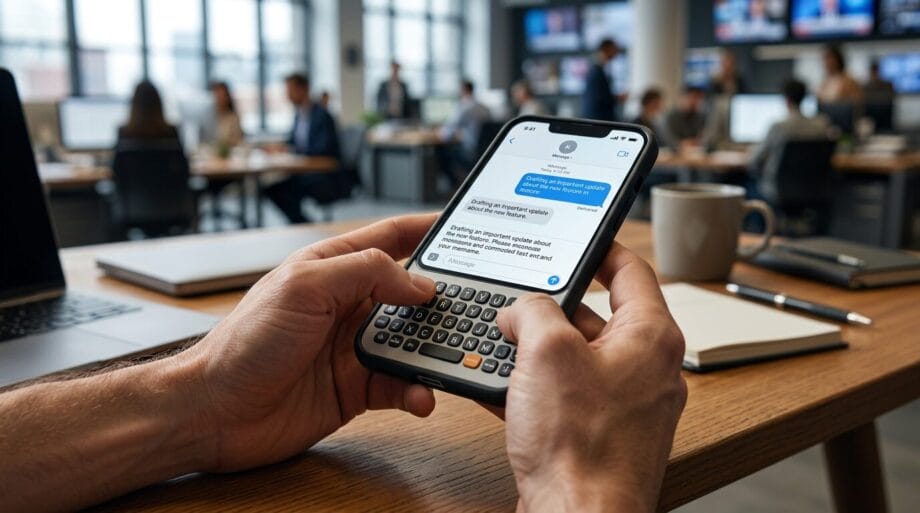 A person types on a smartphone with a keyboard attachment in an office environment.
