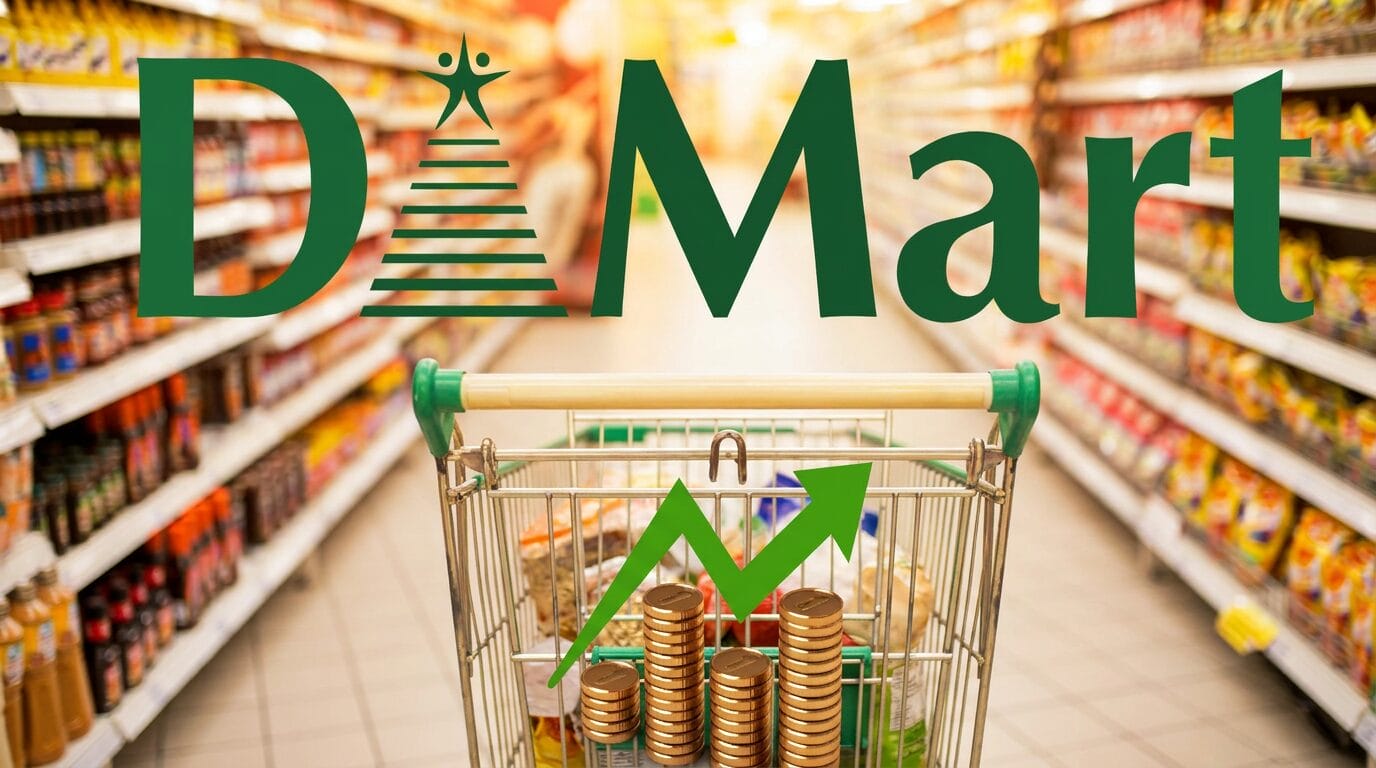 A shopping cart with coins and an upward arrow in a supermarket aisle under a large DMart sign.