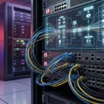 A server rack with connected cables and a digital diagram on its screen.