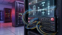 A server rack with connected cables and a digital diagram on its screen.