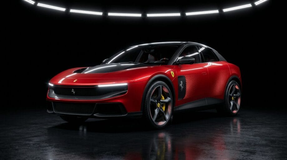 A red Ferrari SUV with black accents is displayed under a circular overhead light in a dark, modern showroom.