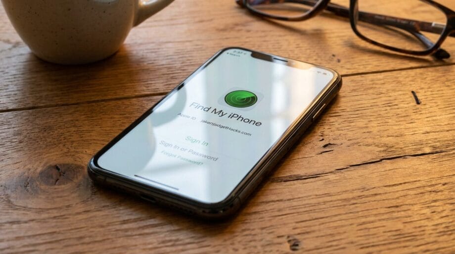 An iPhone on a wooden table displays the Find My iPhone login screen, next to glasses and a mug.