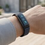 A person wearing a smartwatch with health monitoring icons displayed on the screen.