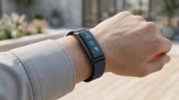 A person wearing a smartwatch with health monitoring icons displayed on the screen.