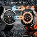 Two smartwatches side by side on a reflective surface with arrows and text indicating a comparison for a news article.