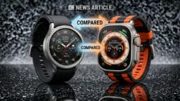 Two smartwatches side by side on a reflective surface with arrows and text indicating a comparison for a news article.