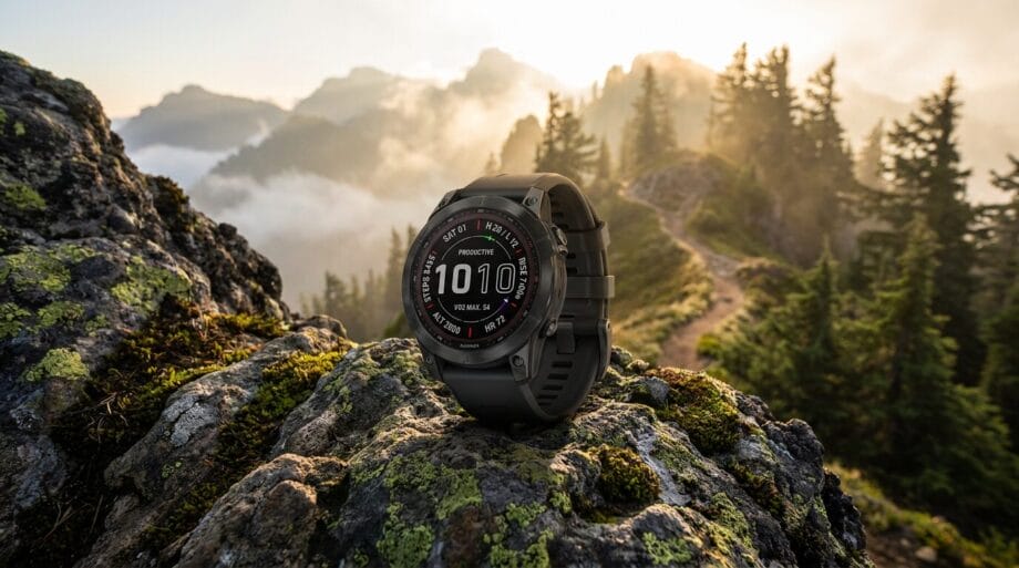 A black digital smartwatch is displayed on a mossy rock with a mountain landscape and pine trees in the background.