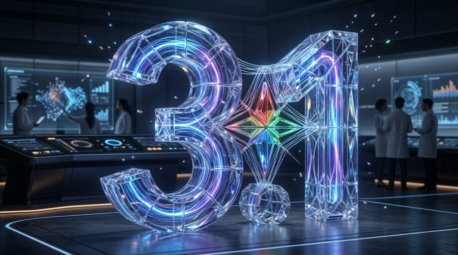 Large, illuminated 3:1 sculpture in a high-tech lab with scientists and digital displays in the background.