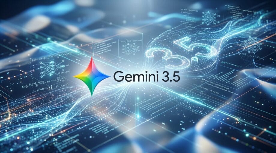 A digital graphic showing the Gemini 3.5 logo with abstract data, mathematical equations, and a glowing number 3.5 in the background.