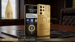 Two gold-colored smartphones labeled Trump, one displaying apps and a seal, the other showing engraved designs and text, on a desk.