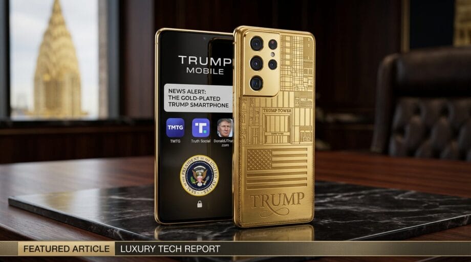 Two gold-colored smartphones labeled Trump, one displaying apps and a seal, the other showing engraved designs and text, on a desk.