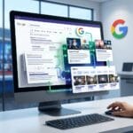 A computer screen displays Google search results with highlighted sections, including videos and featured snippets, in an office setting.