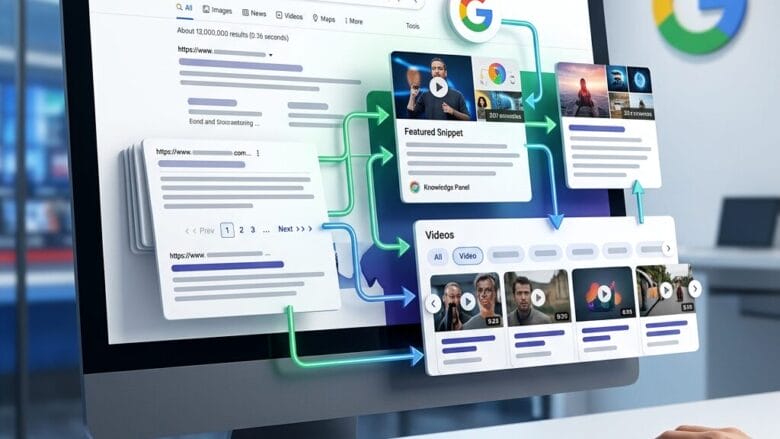 A computer screen displays Google search results with highlighted sections, including videos and featured snippets, in an office setting.