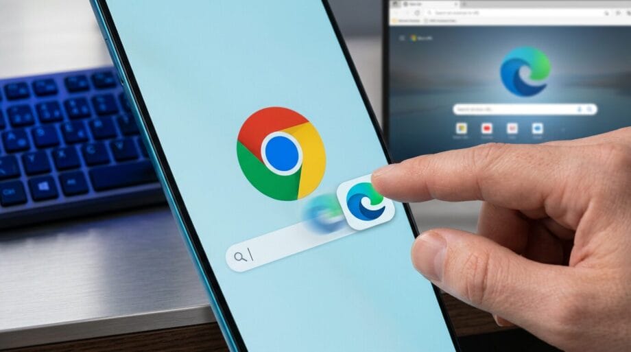 A person taps the Microsoft Edge icon on a smartphone screen displaying a Google Chrome logo, with a laptop and keyboard in the background.